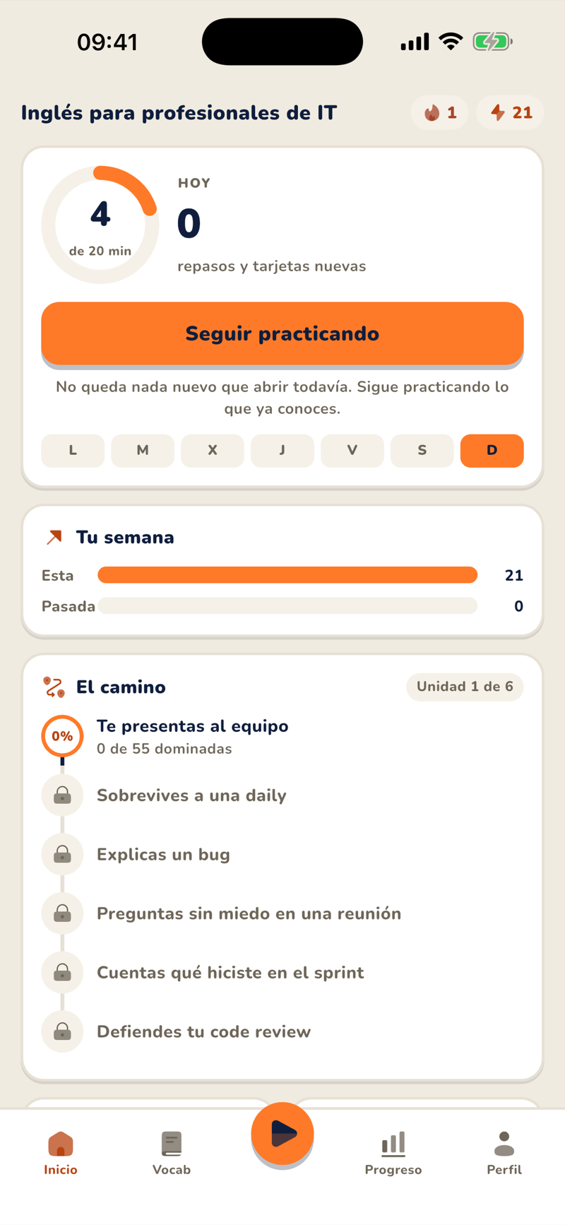 Pantalla de inicio de Recall: objetivo diario, racha y el camino de unidades